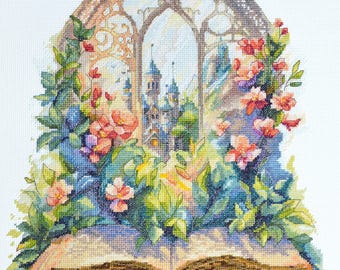 Fairytale Book Castle Window Cross Stitch Kit – Gothic Aida 14 Count (37 Colors)
