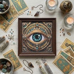 Puede incluir: Una obra de arte enmarcada con un diseño detallado de ojo en tonos turquesa y dorado. Cartas del tarot, cristales, velas y un péndulo rodean la obra, creando un ambiente místico.