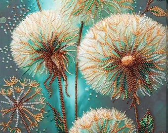 Dandelion Seed Head Bead Embroidery Kit – Artistic Canvas, Czech Beads (21x34cm)