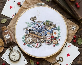 Alice in Wonderland Mad Tea Party Cross Stitch Kit – Whimsical Beginner Embroidery (180x170mm)