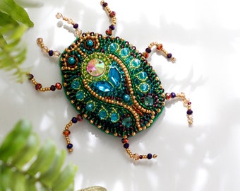 Beaded Beetle Brooch Kit — DIY Bead Embroidery, Czech Preciosa Beads, Bug Jewelry, 1.8x2.5"