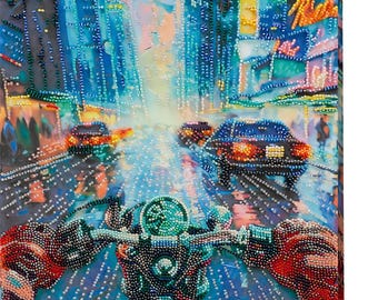 Night City Motorcycle Bead Embroidery Kit – Neon Wall Art (26x33cm)