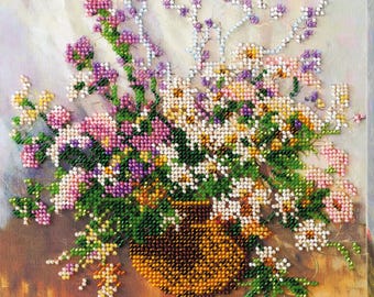 Floral Bouquet Bead Embroidery Kit – Spring DIY Needlework (8x8 inch)