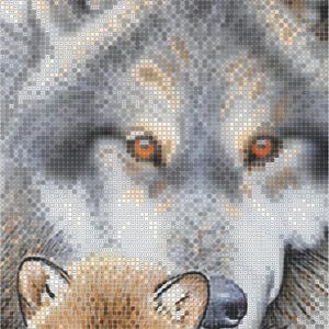 May include: A diamond painting kit featuring a large gray wolf with piercing amber eyes positioned behind two small, brown wolf pups. The image is composed of a grid of small, square symbols representing colored beads to be placed on the canvas.