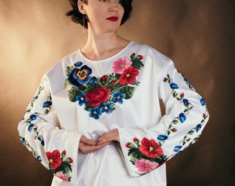 Handmade Floral Beaded Blouse — Ukraine Embroidery — Custom Ukrainian Vyshyvanka, Czech Beads