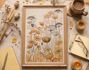 Ochre Poppies & Dried Umbels Cross Stitch Kit – 14 Count Aida, 18 Colours