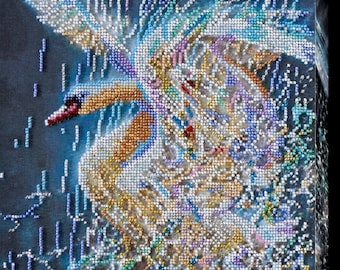 White Swan Bead Embroidery Kit – Fantasy Lights DIY Art, Preciosa Czech Beads (10x12 in)