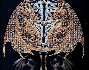 Gold Dragon Bead Embroidery Kit – Mirrored Guardians Fantasy Wall Art (27x36cm)