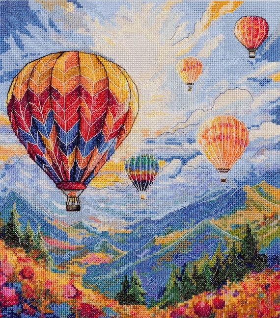 Hot Air Balloon Cross Stitch Kit – Sunrise Landscape Embroidery