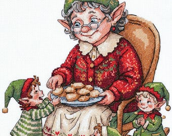 Elf Granny with Cookies Cross Stitch Kit – 18 Count Aida, 37 Colours (Christmas Art)