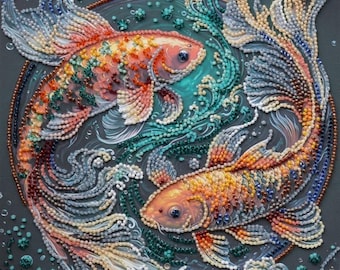 Bead Embroidery Kit | Two Koi Fish Waves Wall Art | DIY Needlework Canvas (200x200mm)