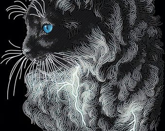 Black Cat Bead Embroidery Kit – Monochrome Portrait, DIY Beading Chart (27x36cm)