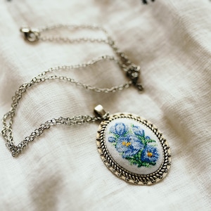 Blue necklace with microembroidery, Embroidered pendant, Handwork, Ukraine embroidery