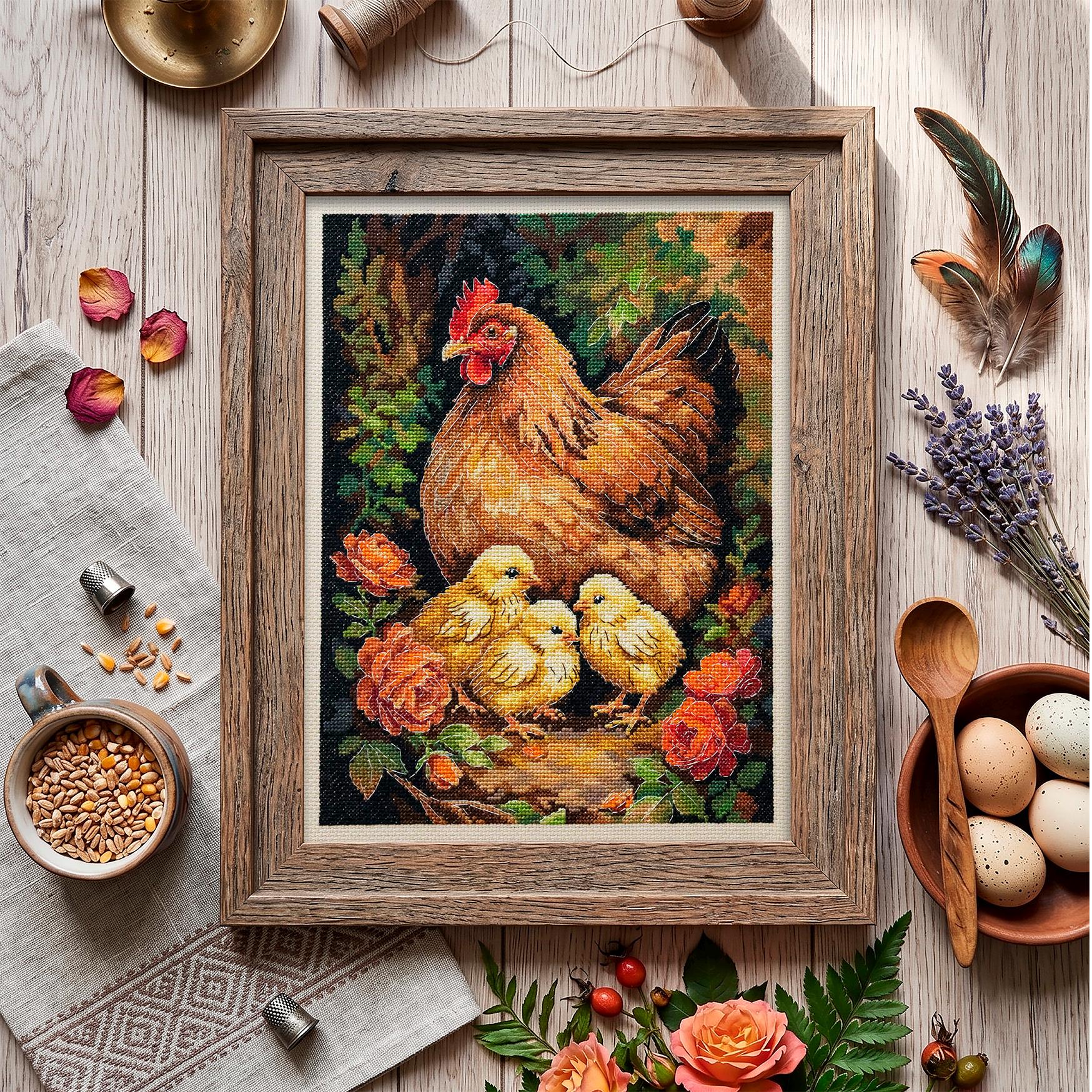 Farm Hen and Chicks Cross Stitch Kit – Counted Embroidery on