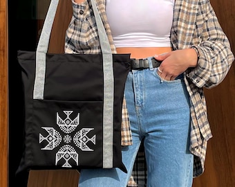 Bead Embroidery Tote Bag — White Ukrainian Folk Ornament Printed Shopper 38x40 cm