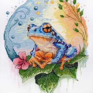 Frog Cross Stitch Kit – Cottagecore Pond Scene Embroidery 21x27cm – Needlework Art