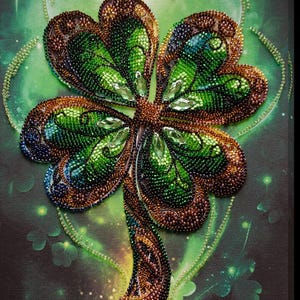 May include: A green four-leaf clover made of beads, with a brown stem, on a green and black background with sparkling lights.