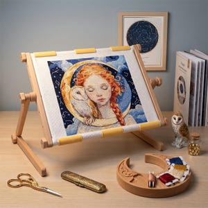 Puede incluir: Un soporte de madera para bordar que sostiene una tela con un diseño de punto de cruz de una persona pelirroja y un búho ante una luna creciente. Incluye tijeras doradas, un estuche para agujas, un organizador de hilos y una figura de búho.