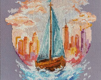 Waves of Adventure Cross Stitch Kit — Nautical Sea Landscape Embroidery — Zweigart Aida 14ct DIY