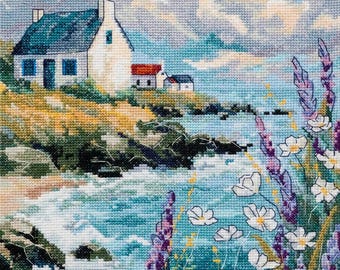 Coastal Cottage Cross Stitch Kit – Cliffside Panorama, 14 Count Aida (23x40cm)