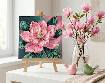 Magnolia Bead Embroidery Kit | Mini Floral DIY Beadwork on Canvas (5.9 inch)