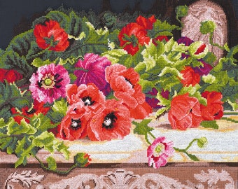 Poppies Cross Stitch Kit – Modern Floral Embroidery for Beginners, Counted Needlework (Aida 14)