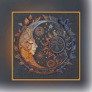 May include: A beaded embroidery artwork depicting a crescent moon and sun with a face, surrounded by a wreath of leaves and stars. The moon is in shades of orange and brown, while the sun is in shades of blue and gray.