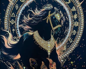 Horse of Fortune Bead Embroidery Pattern on Fabric — Golden Horse and Zodiac DIY Beading Chart — Mystic Wall Art