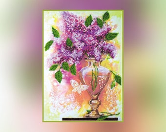 Bead Embroidery Kit Lilac still life. Still life, DIY bead embroidery kit Flower, Floral embroidery, Bead Art Pictures,  Craft Beads