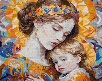 Mother and Child Cross Stitch Kit – Stained Glass Style, 18 Count Aida (49 Colors)