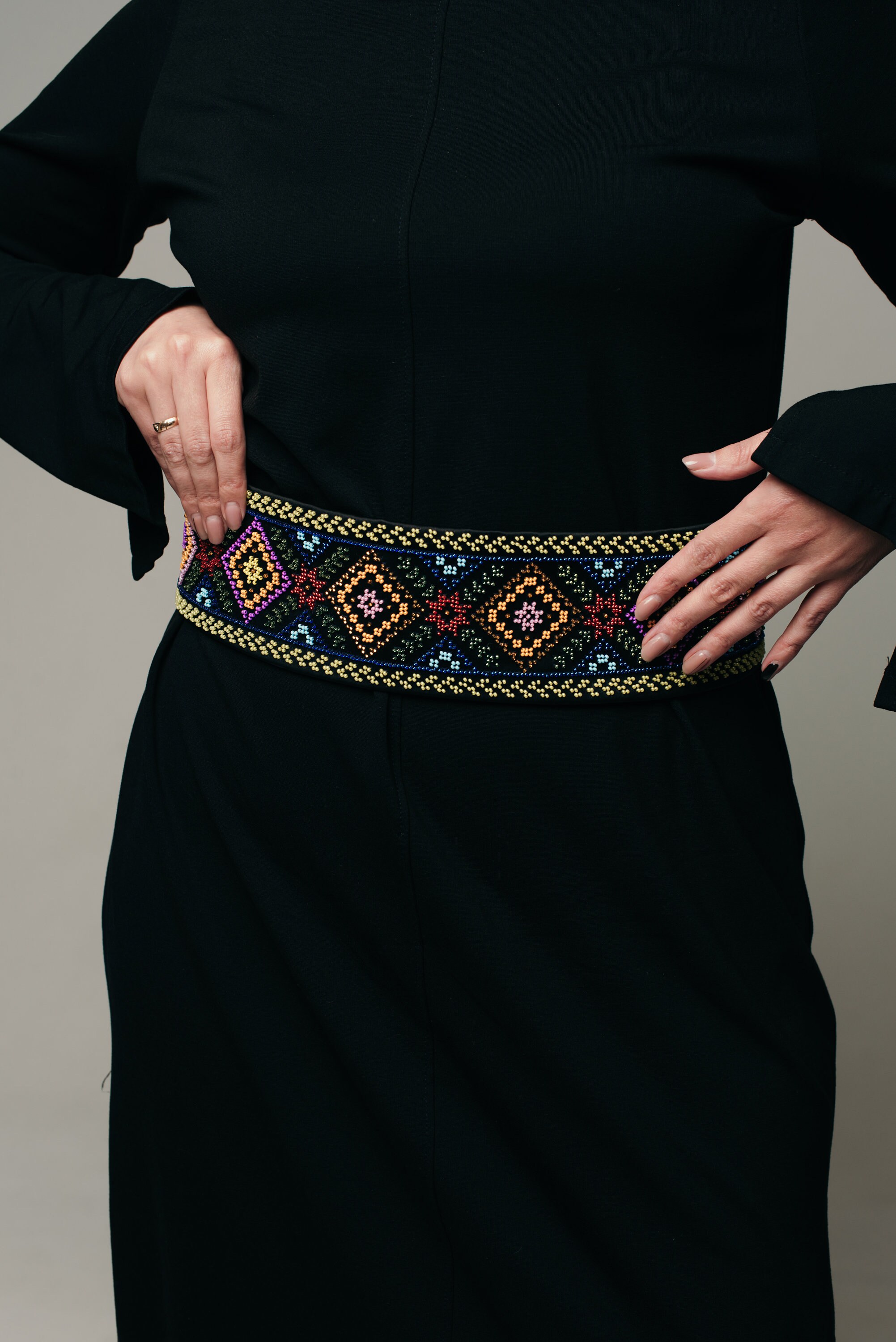Elegant Black Embroidered Waist Belt B5 Embroidered Beaded Belt — Ukrainian Floral Satin Waist Belt  main image 4