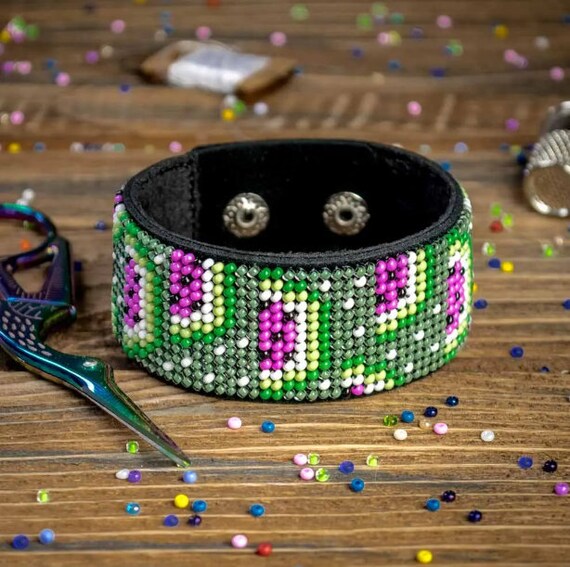 DIY Bead Embroidery Kit, Bracelet on Leather Kit, Beaded Bracelet