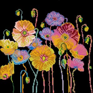 Enchanting Pink Poppies Bead Embroidery Art - Bright Colorful DIY Bead Picture - Flower Embroidery on Black Canvas