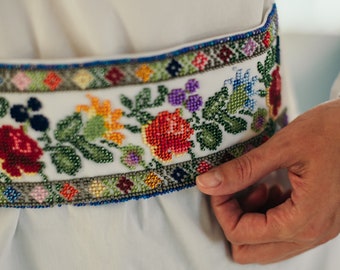 Ukrainian Beaded Corset Belt — Floral Handmade Satin Wide Belt, Women Bead Embroidery, Czech Preciosa