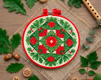 Folk Ornament Cross Stitch Kit – Ukrainian Floral Folk Art Embroidery, Slavic Geometric Needlework (15x15cm)