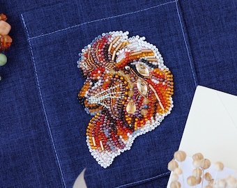 Lion Bead Embroidery Kit | DIY Clothing Patch | Czech Preciosa Beads (2.7x3.5 inch)