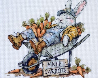 Rabbit Cross Stitch Kit — Whimsical Bunny Garden Embroidery — DIY Counted Needlework Spring Easter Gift