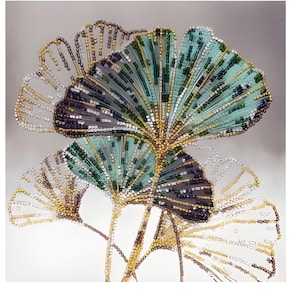 Smaragd Blätter Bead Embroidery Kit - DIY Ginkgo Blumen Wandkunst (20 x 20 cm)