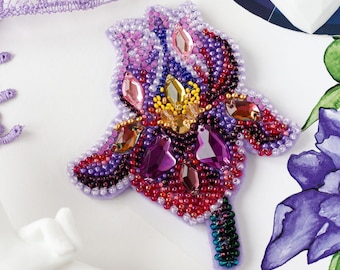 DIY beaded brooch kit, Decoration Amethyst iris, DIY embroidery kit,Beaded Brooch Pin, Brooch Ukraine, floral brooch