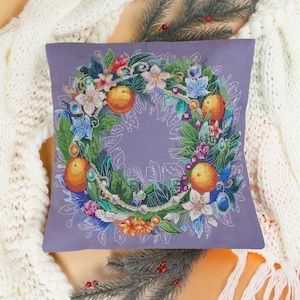 Floral Wreath Cross Stitch Pillow Kit: DIY Needlepoint (300x300mm)