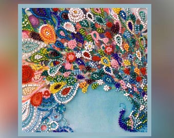 Peacock Bead Embroidery Kit — Rainbow Tail DIY Beaded Art, Czech Preciosa, Bird Picture, 5.9x5.9"