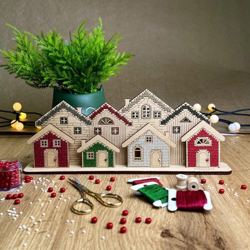 Wooden House Embroidery Kit | Village Cross Stitch with Stand, DMC Floss, Beads