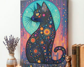 Celestial Cat Bead Embroidery Kit – Turquoise Moon, Czech Beads, Wall Art (30x45cm)