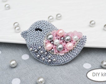 DIY Beaded brooch Silver bird ,Brooch making, Beaded Brooch Pin, Brooch Ukraine, Beaded Animal kits