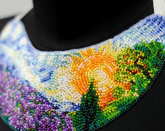 Lavender Field Bead Embroidery Necklace Kit – Czech Seed Beads, Artistic Canvas (20.2 x 11.5 cm)
