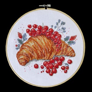Whimsical Redcurrant & Croissant Cross-Stitch Pattern – Cozy Kitchen Scene – Cute Food Stitchery – PDF Instant Download
