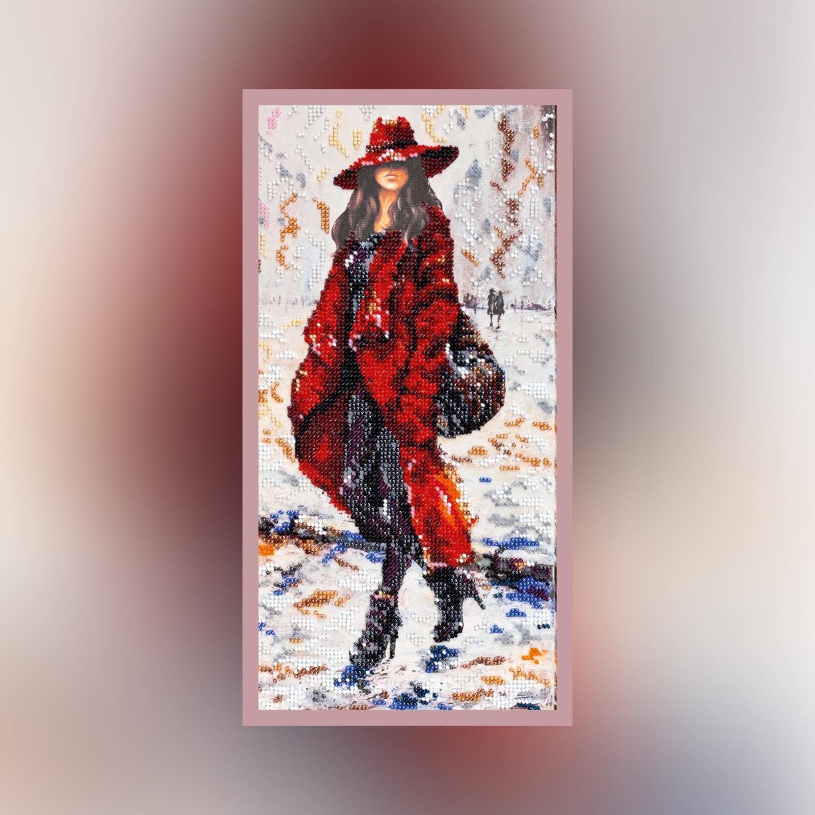 DIYビーズ刺繍キット：赤い服を着たロマンチックな女性、ウォール