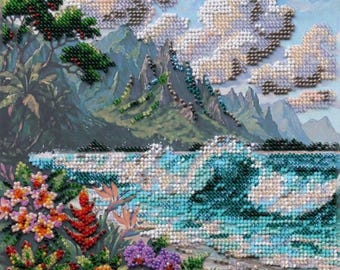 Blue Lagoon Bead Embroidery Kit | Tropical Seascape DIY Beaded Wall Art | Needlework Kit