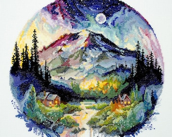 Cross Stitch Kit On Top of the World — Counted — Mountain Night Scene Gift