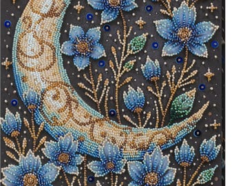 Czech Bead Embroidery Kit – Gold Moon, Blue Flowers (6,073 Beads)